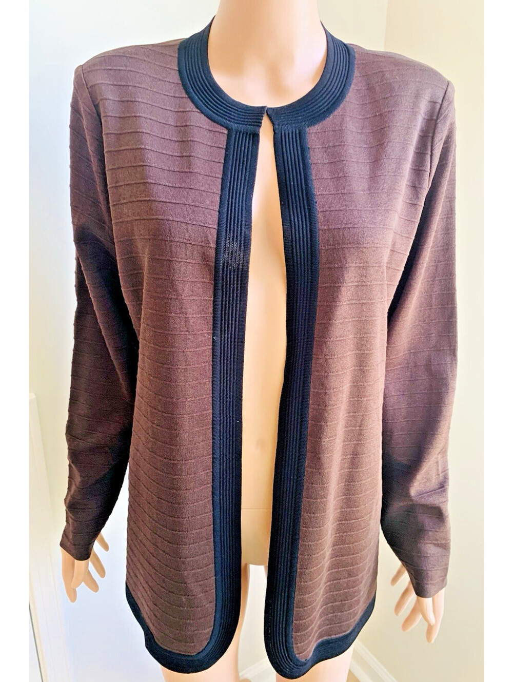 Exclusively Misook Cardigan Sweater Jacket Womens Medium Brown Black Open Front